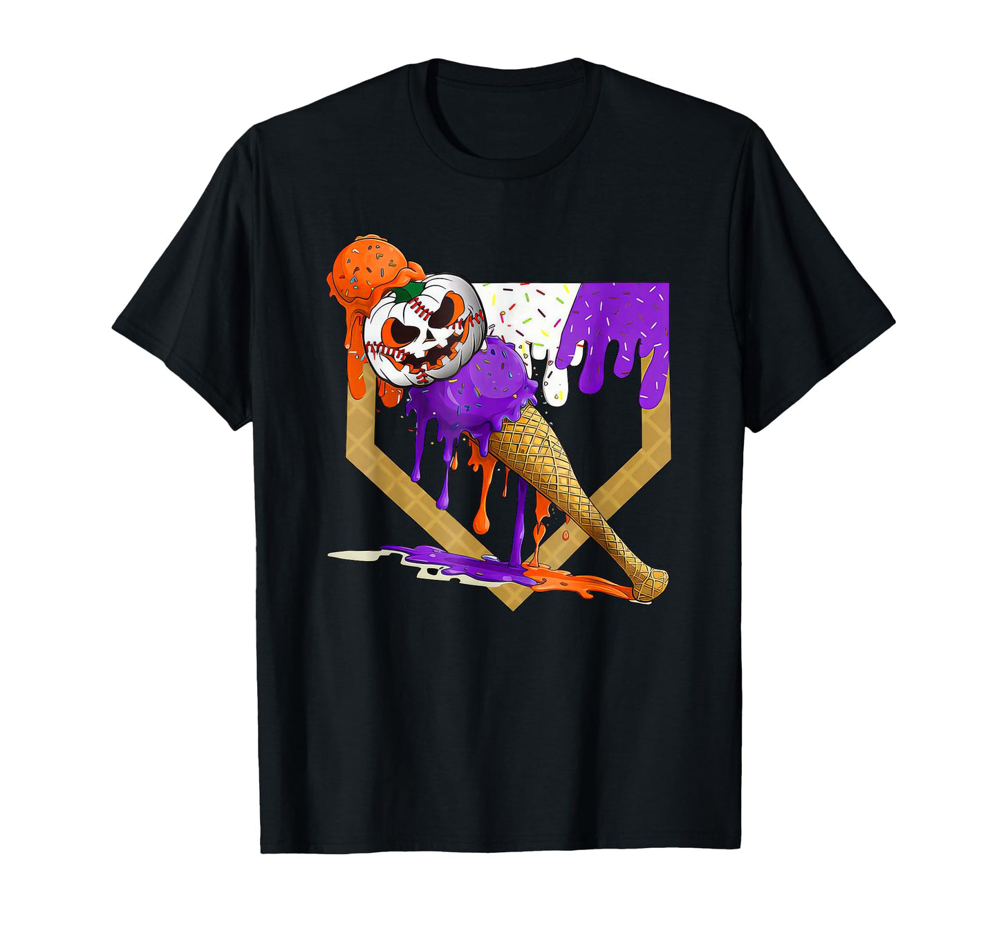 Retro Home Plate Pumkin Baseball Ice Cream Halloween T-Shirt