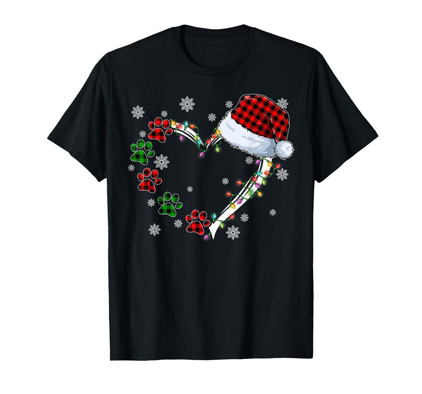 Funny Dog Cat Paws Print Heart Santa Hat Christmas Pajamas T-Shirt