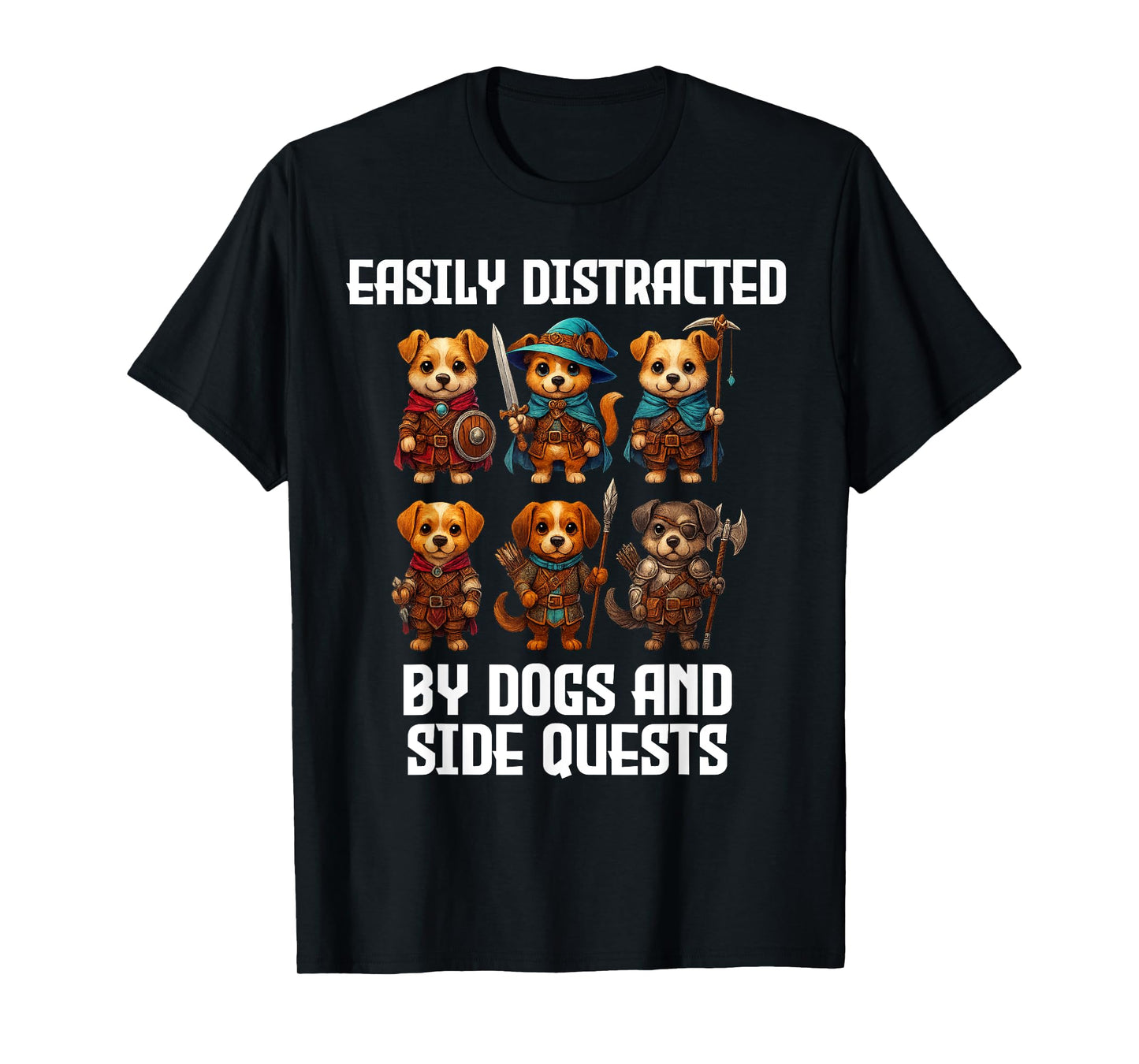 Easily Distracted by Dogs and Side Quests Funny Gamer T-Shirt