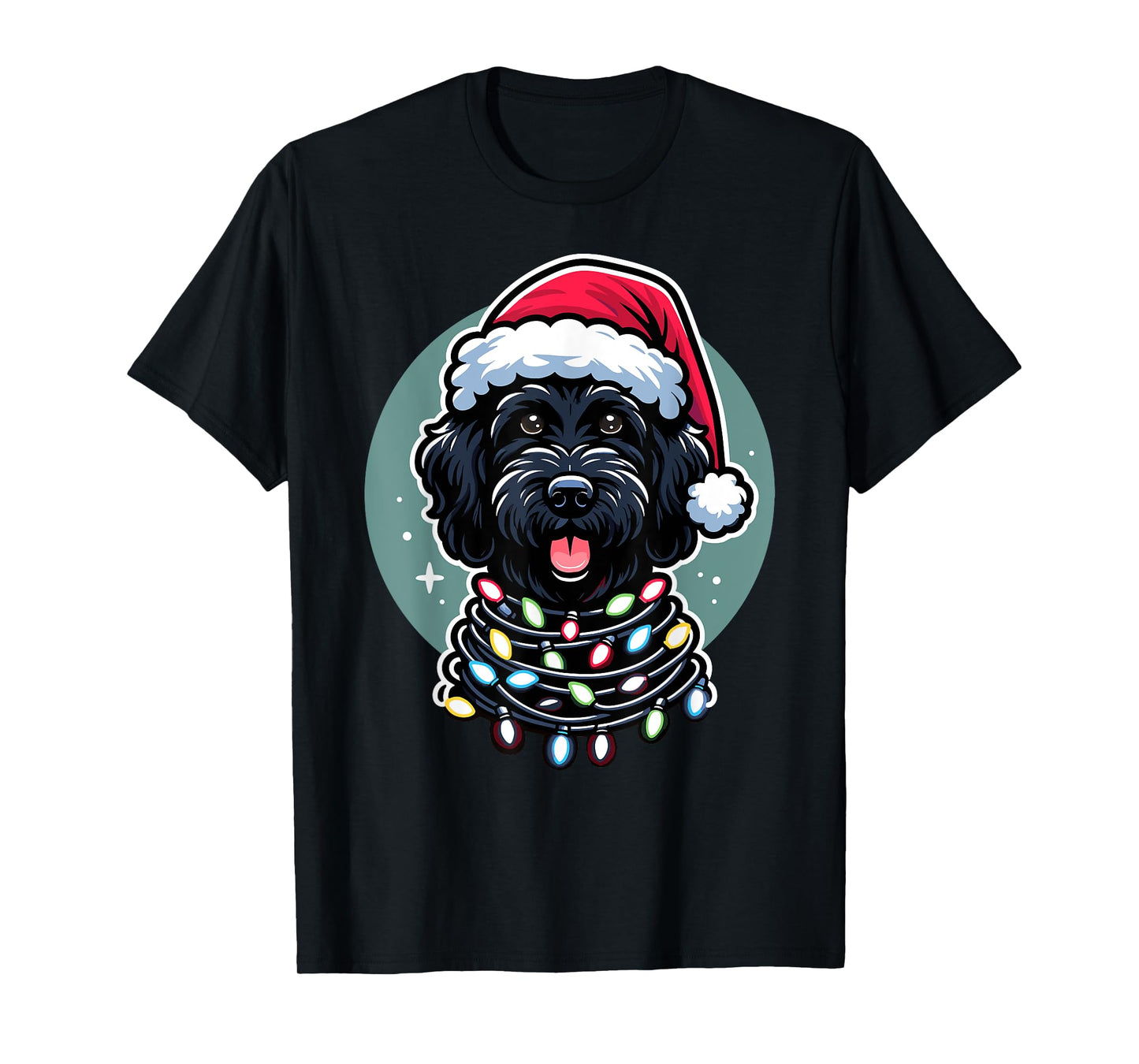 Black Labradoodle Christmas Tree Xmas Lights Doodle Dog Men Women Kids T-Shirt