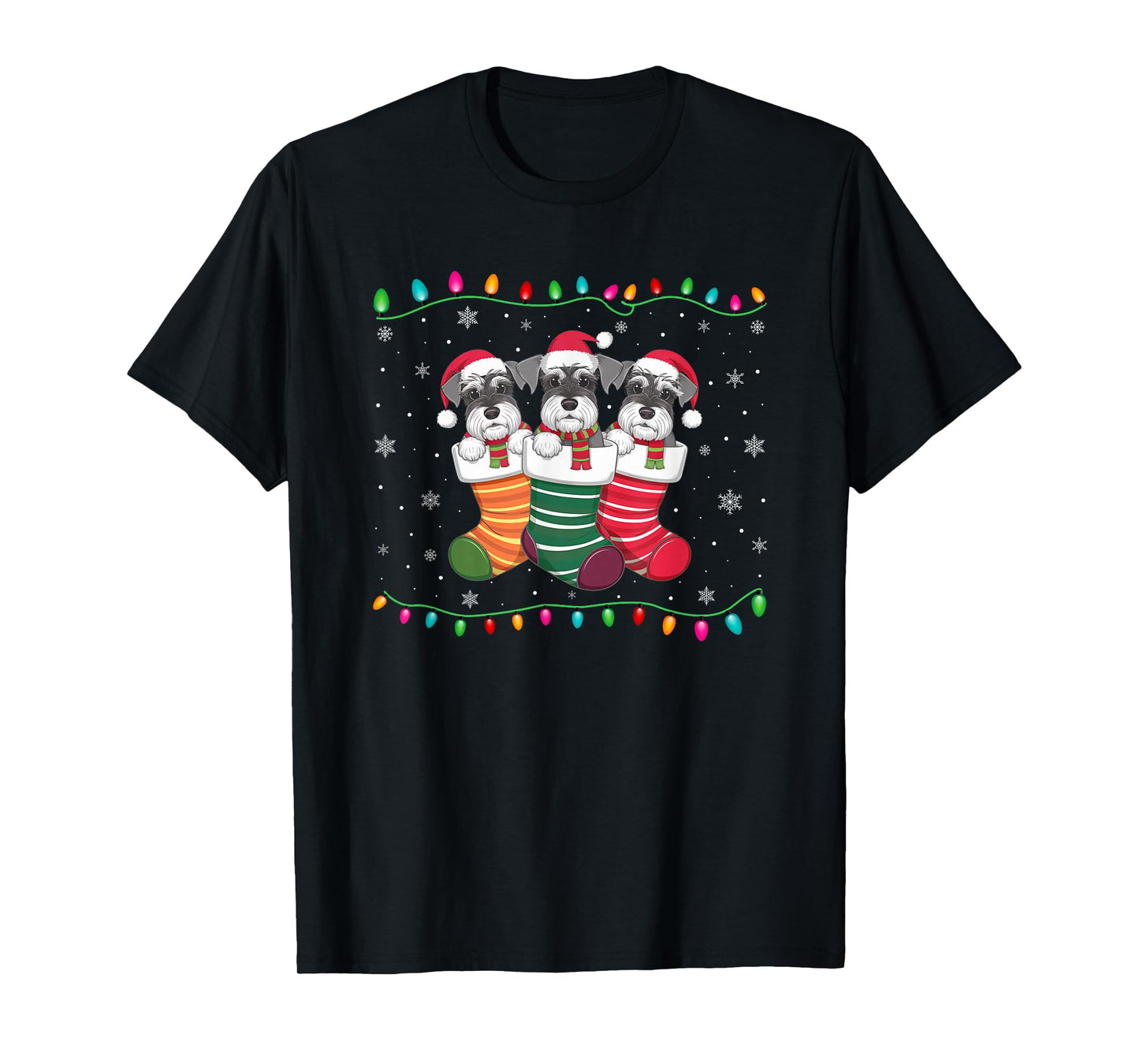Xmas Tree Lights Funny Schnauzer Dog in Christmas Socks T-Shirt for Men Women Kids