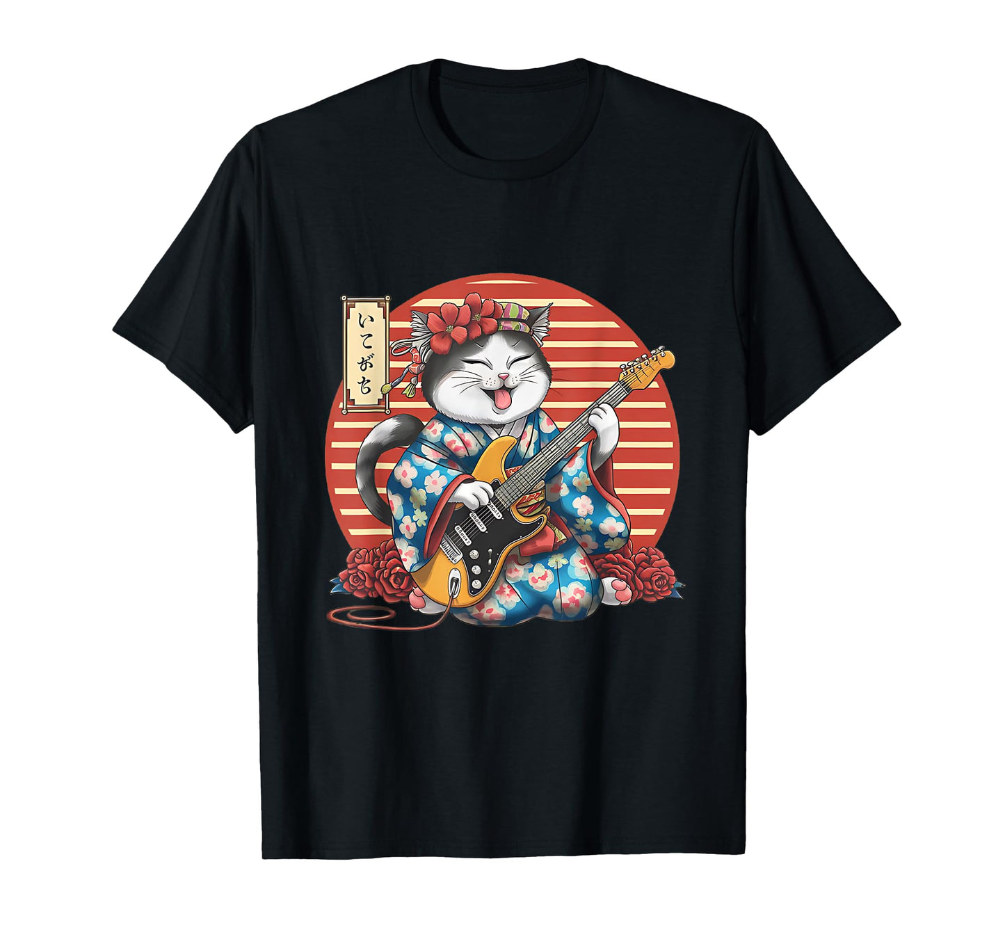 Japanese Samurai Cat Guitar Kawaii Kimono Manga T-Shirt