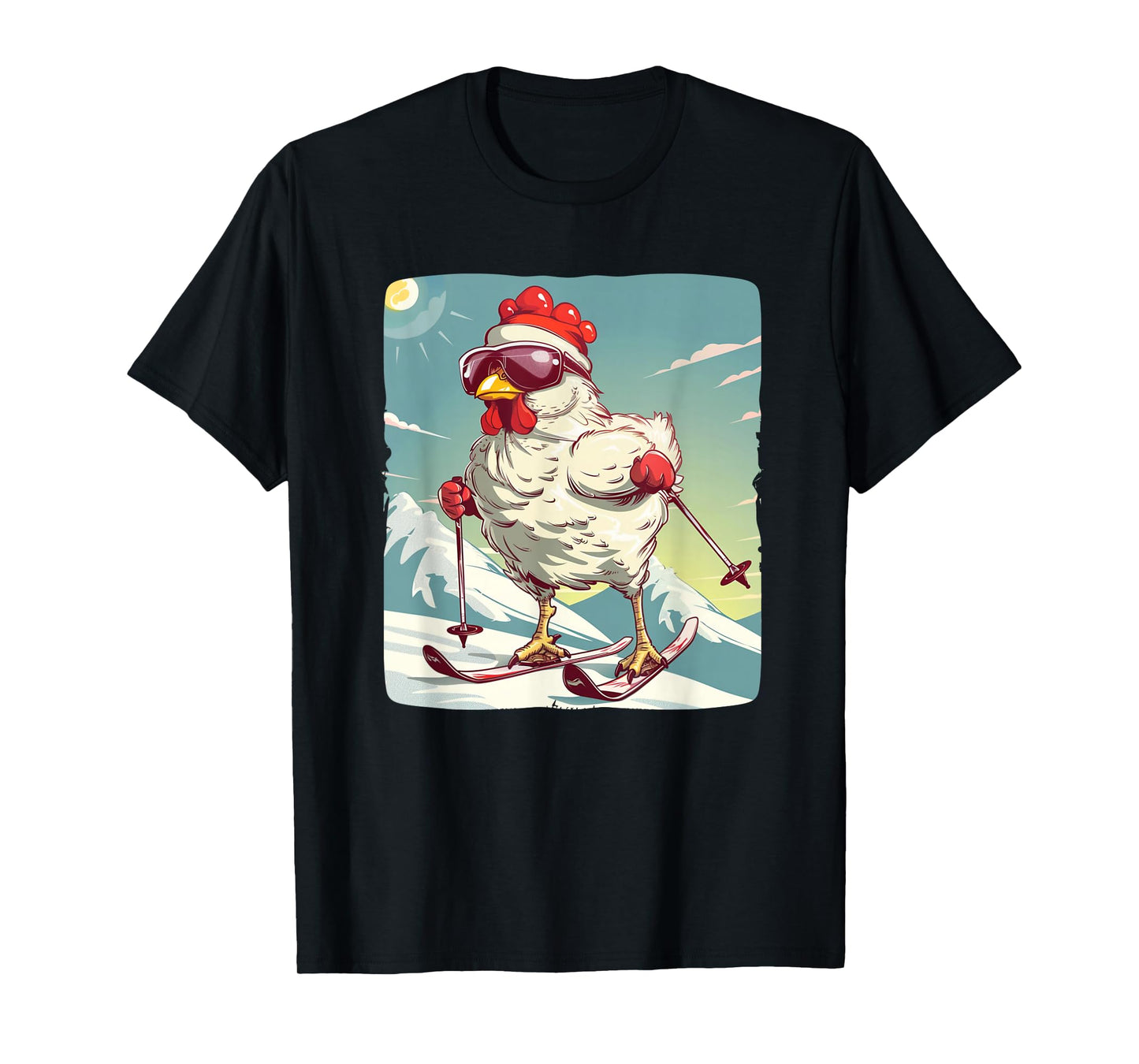 Funny Winter Chicken with Cross-country skiing Shoes Outfit T-Shirt