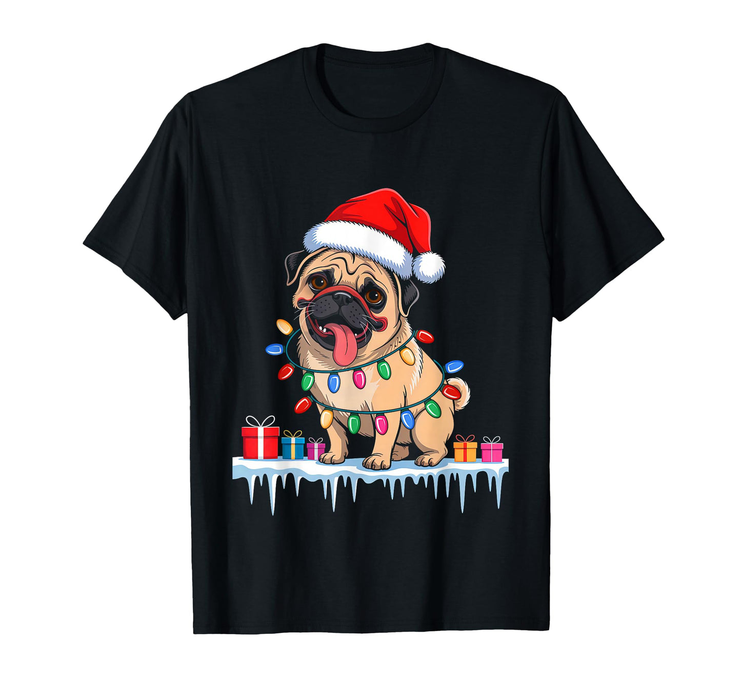 Pug Dog Tree Christmas Lights Funny Xmas Pajamas Dog Lover T-Shirt