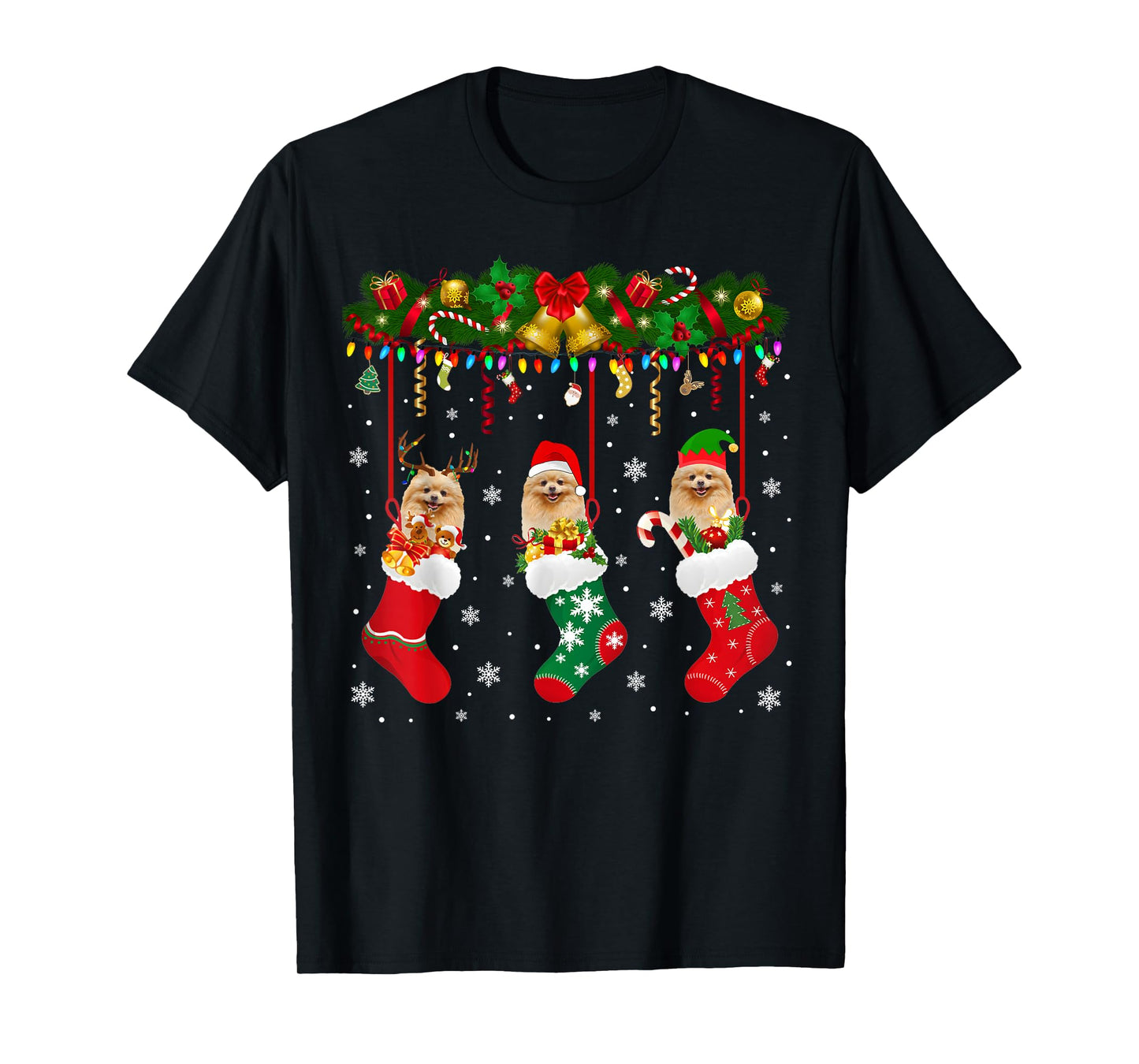 Pomeranian In Sock Xmas Reindeer Santa ELF Dog T-Shirt