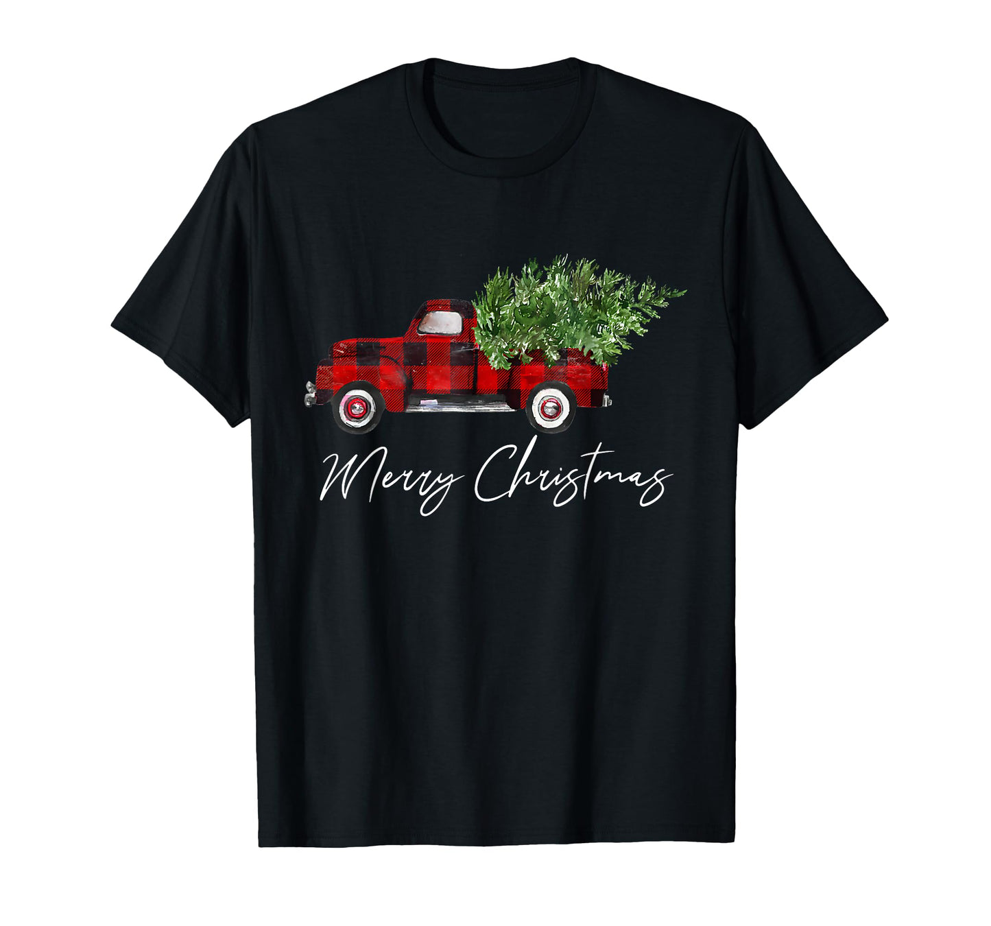 Red Buffalo Plaid Pickup Truck with Tree Merry Christmas T-Shirt