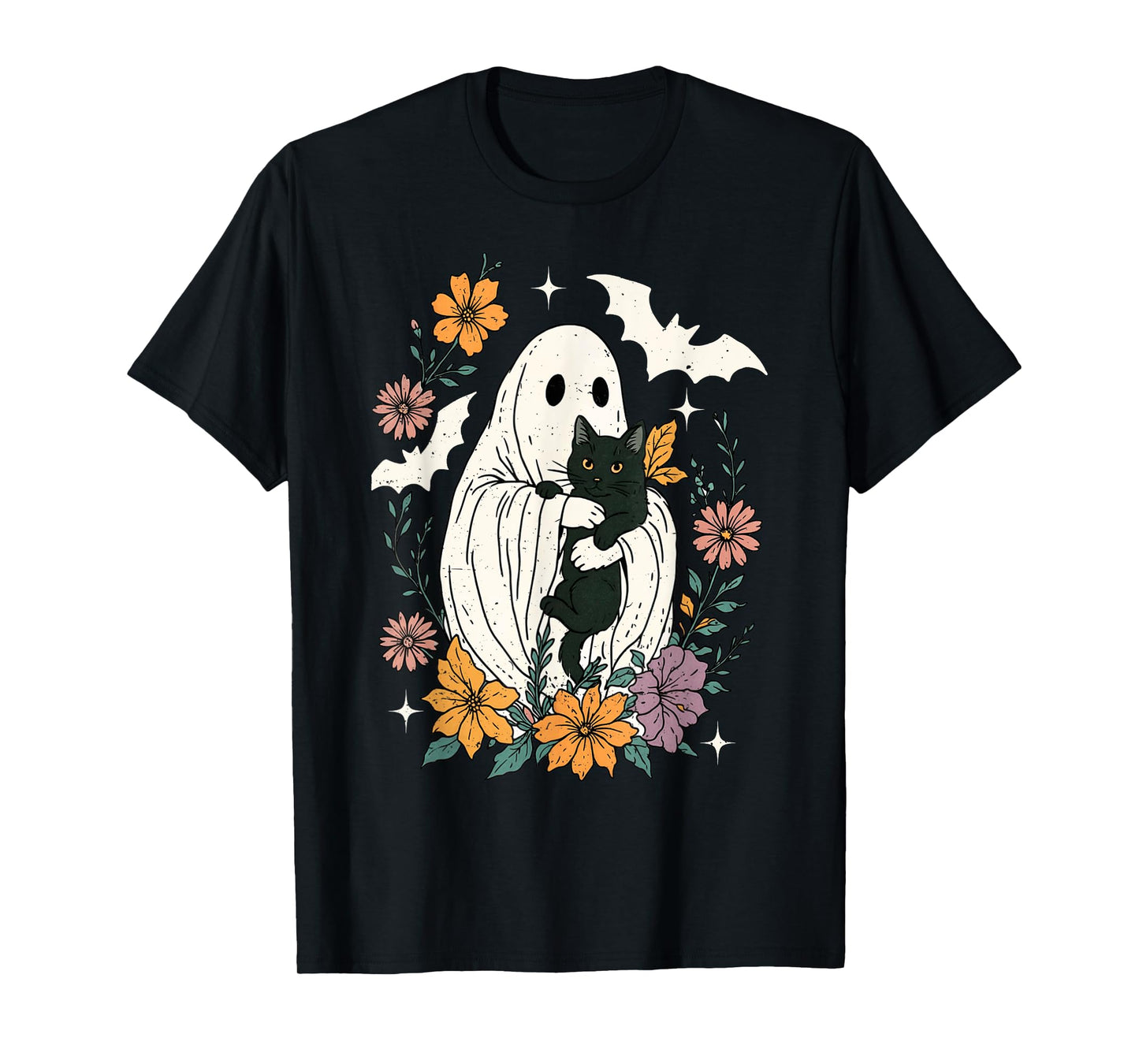 Groovy Floral Halloween Spooky Ghost Holding Black Cat Goth T-Shirt