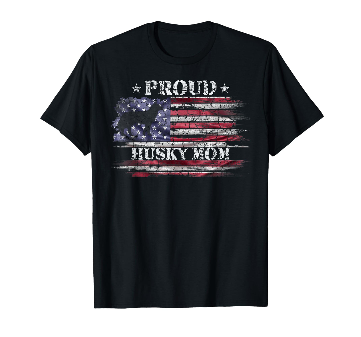Vintage American Flag Proud Siberian Husky Mom Silhouette Women Kids Men T-Shirt