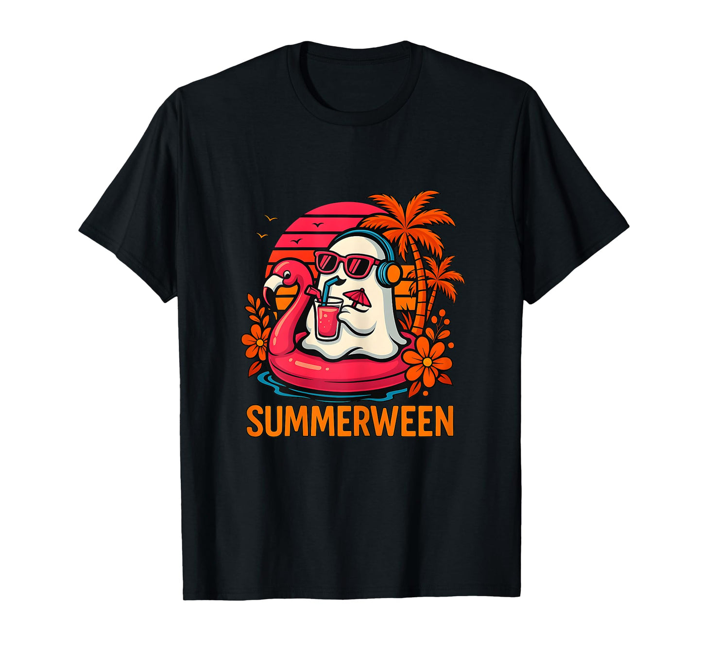 Summerween Funny Ghost Halloween Summer Flamingo Beach Vibes T-Shirt