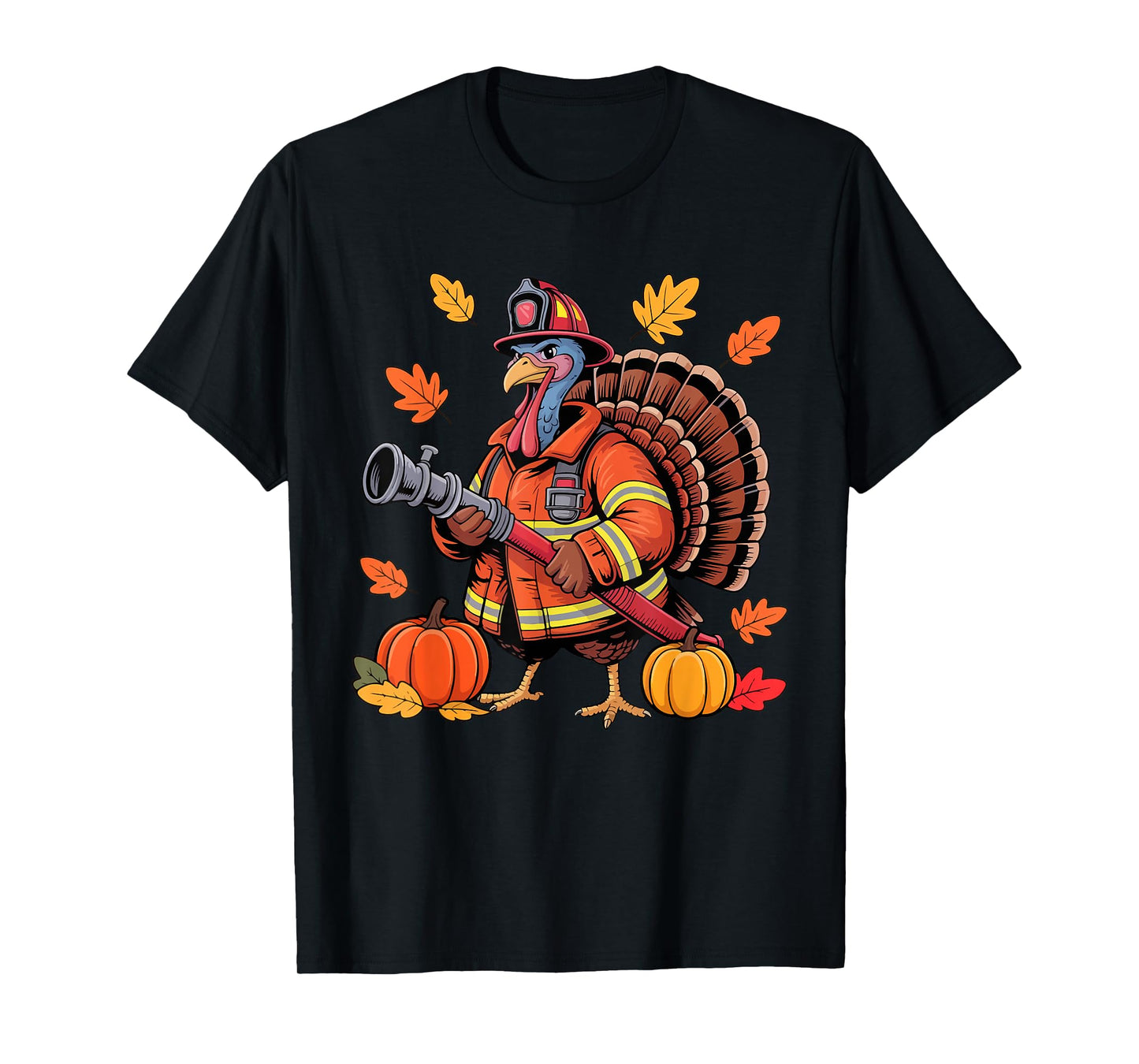 Firefighter Job Thanksgiving Turkey Fall Leaves Pumpkins T-Shirt
