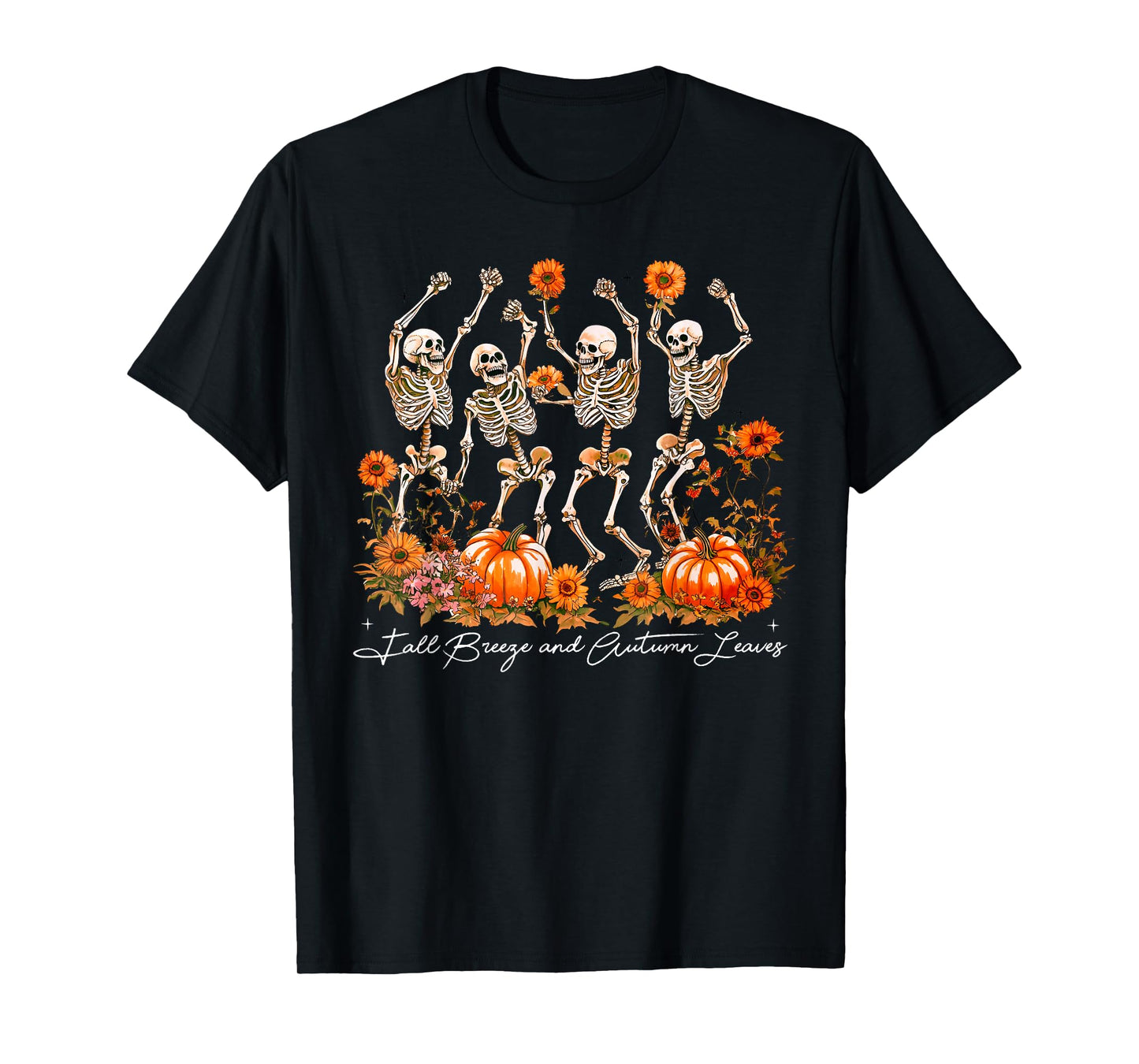 Fall Brezee And Autumn Leaves Skeleton Dancing Pumpkin Funny T-Shirt