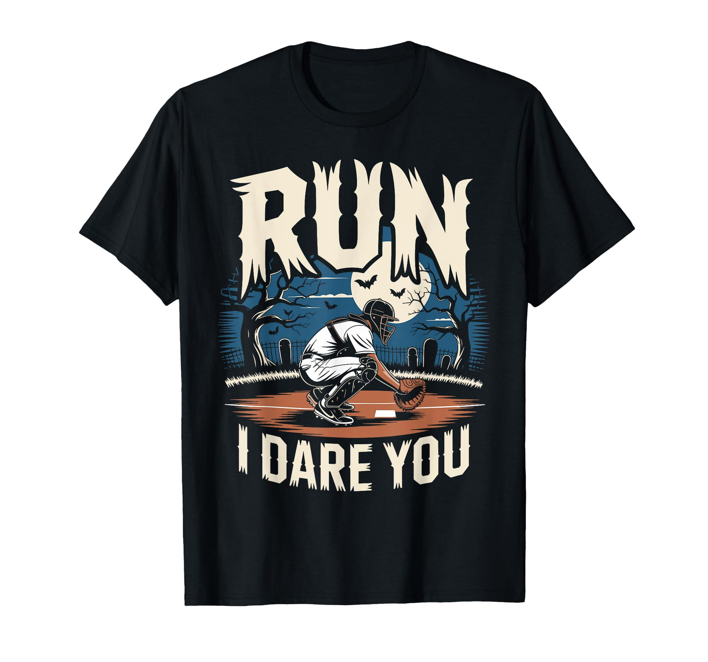 Spooky Graveyard Baseball Catcher Run I Dare You Meme T-Shirt