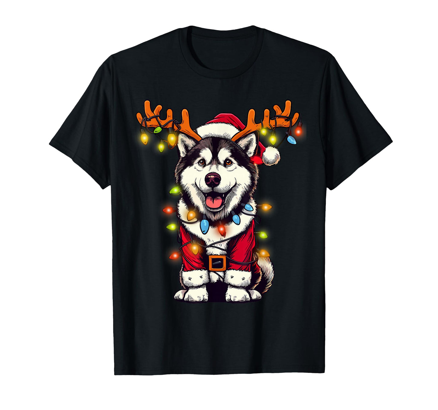 Funny Siberian Husky Christmas Tree Lights, Santa Dog T-Shirt