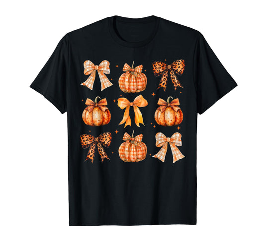 Fall Coquette Bow Leopard Print Pumpkin Thanksgiving Women T-Shirt