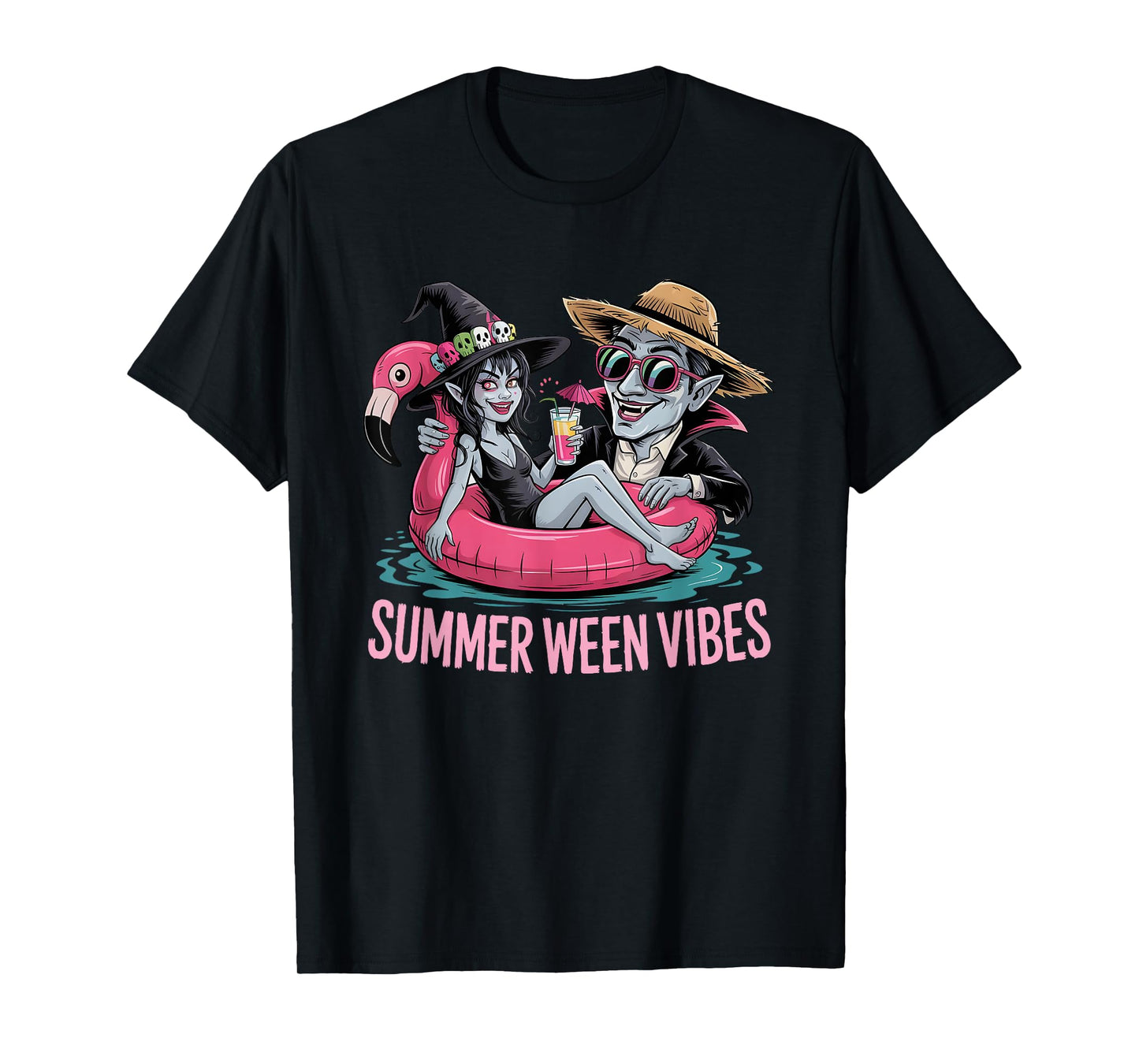 Funny Dracula and Witch Float Halloween Summer Ween Party T-Shirt