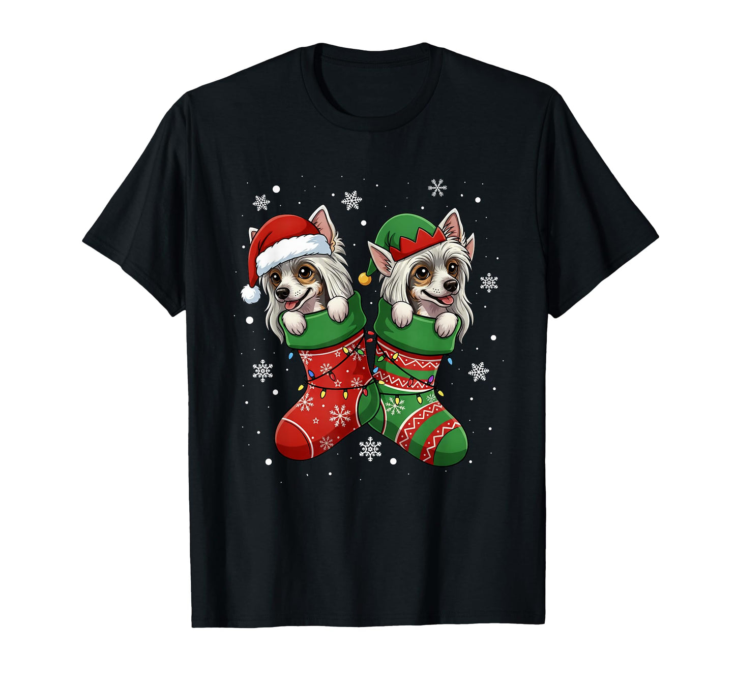 Santa ELF Chinese Crested Dog in Christmas Socks Men Women T-Shirt