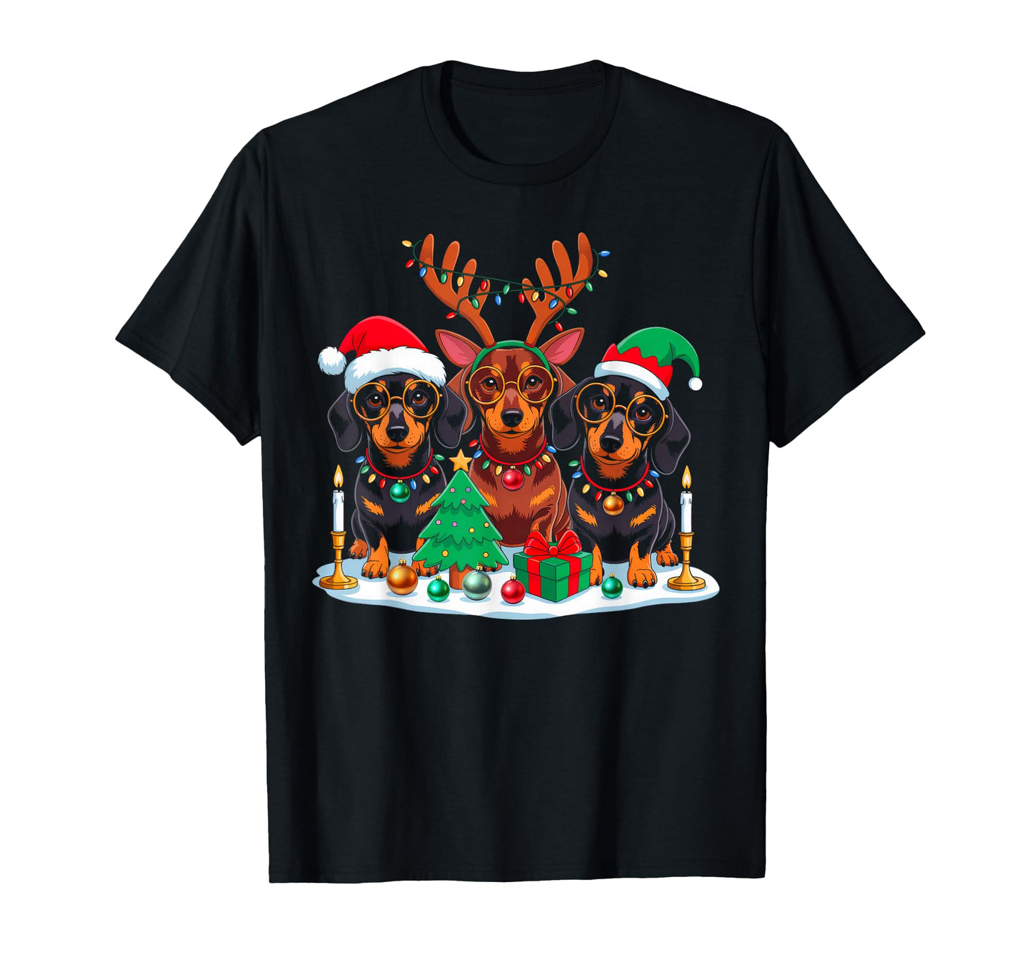 Dachshund Dog Christmas Lights Santa Hat Xmas Dog Lover T-Shirt