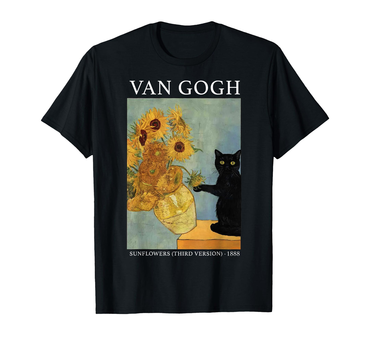 Van Gogh Black Cat With Sunflowers Funny Cat T-Shirt for Men Women