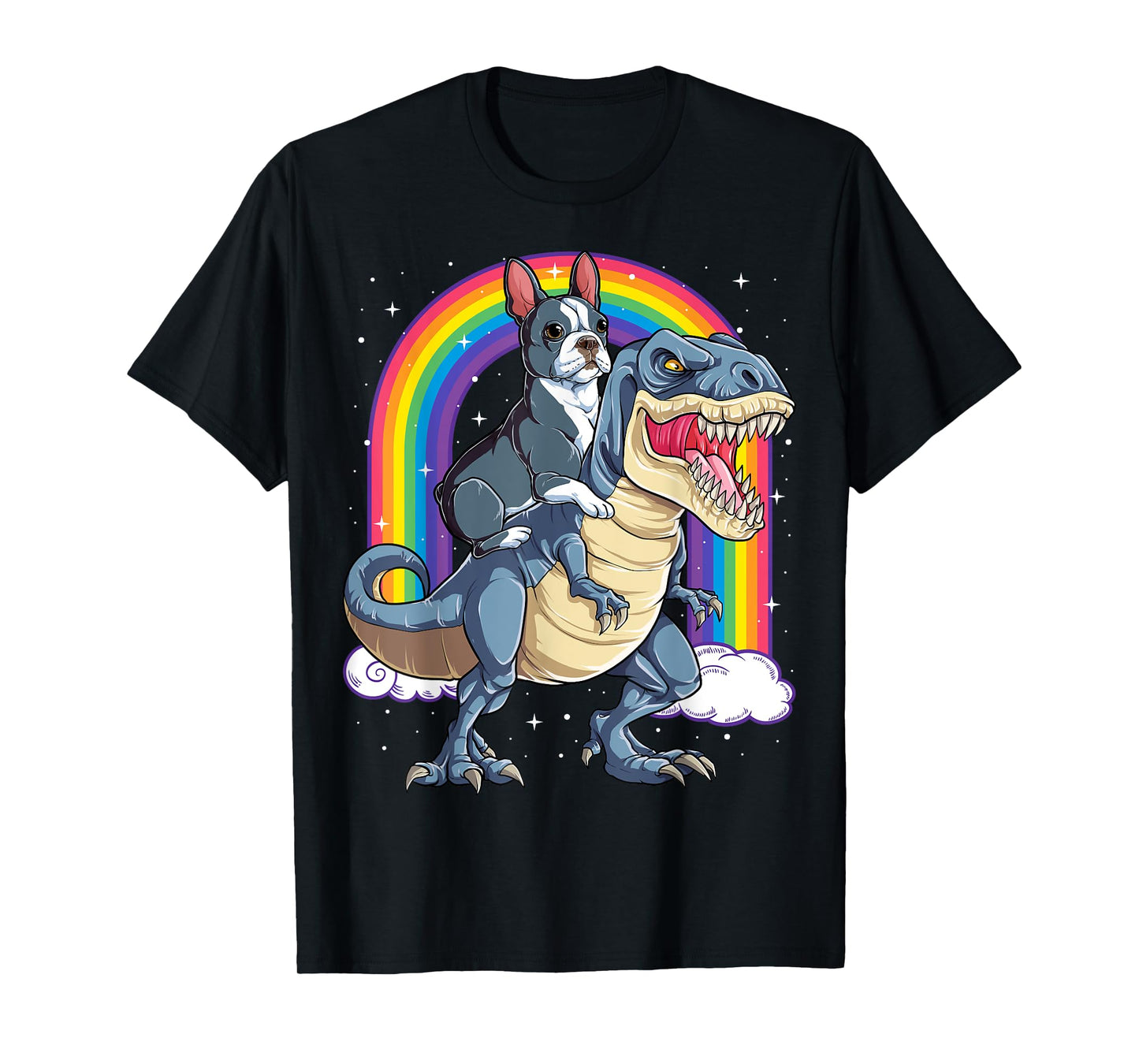 Boston Terrier Riding Dinosaur T-rex Gifts Boys Kids Rainbow T-Shirt
