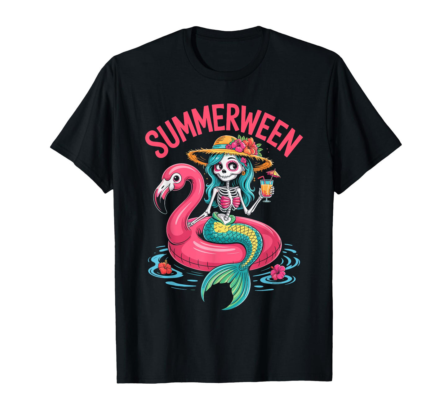 Skeleton Mermaid Flamingo Spooky Summer Party Summerween T-Shirt