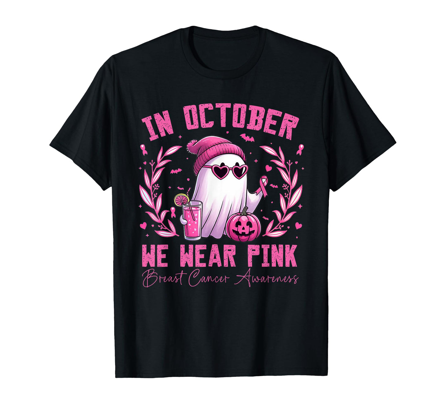 October We Wear Pink Ghost Breast Cancer Awareness Halloween T-Shirt