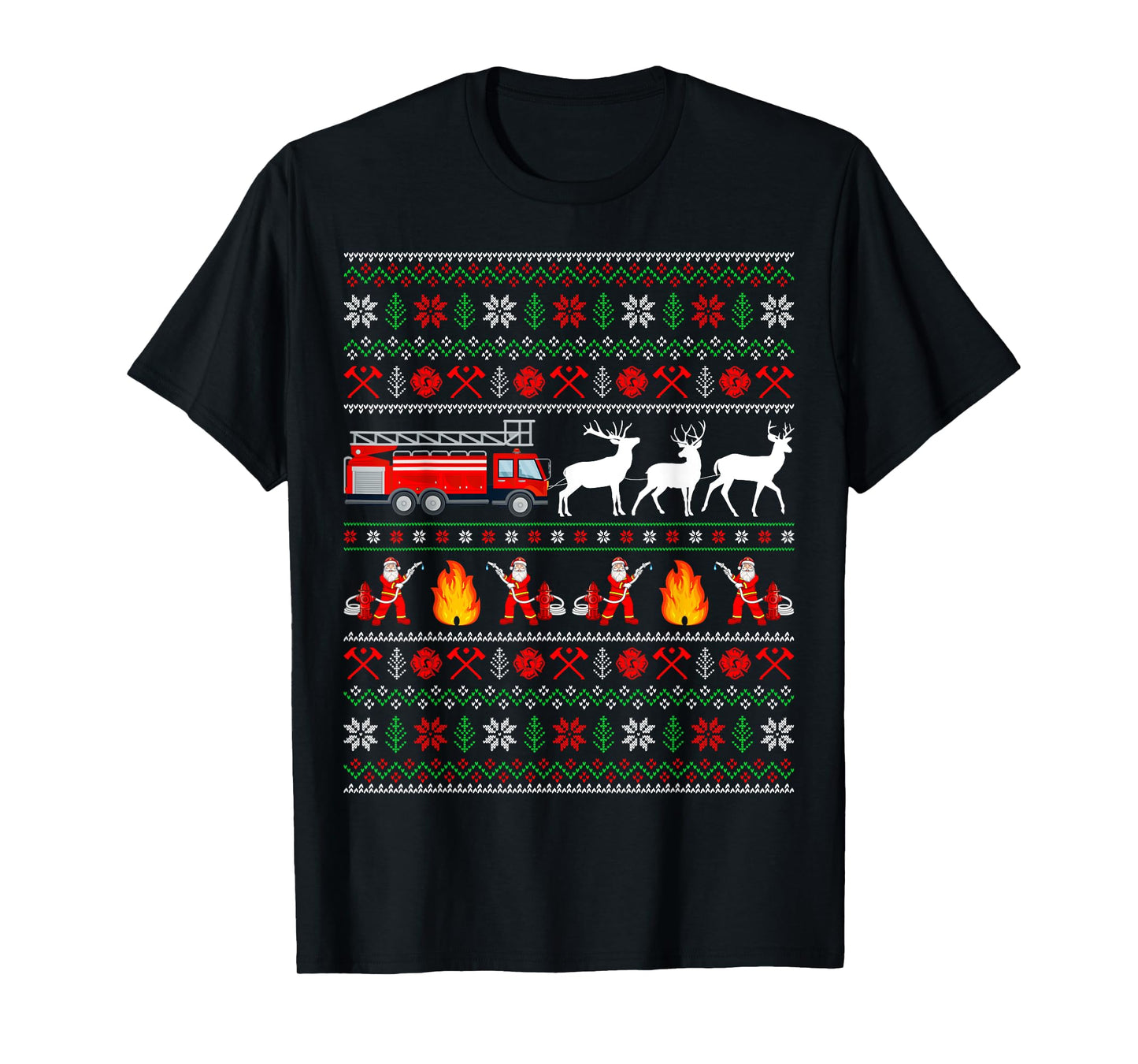 Fire Truck Reindeer Santa Ugly Sweater Firefighter Christmas T-Shirt