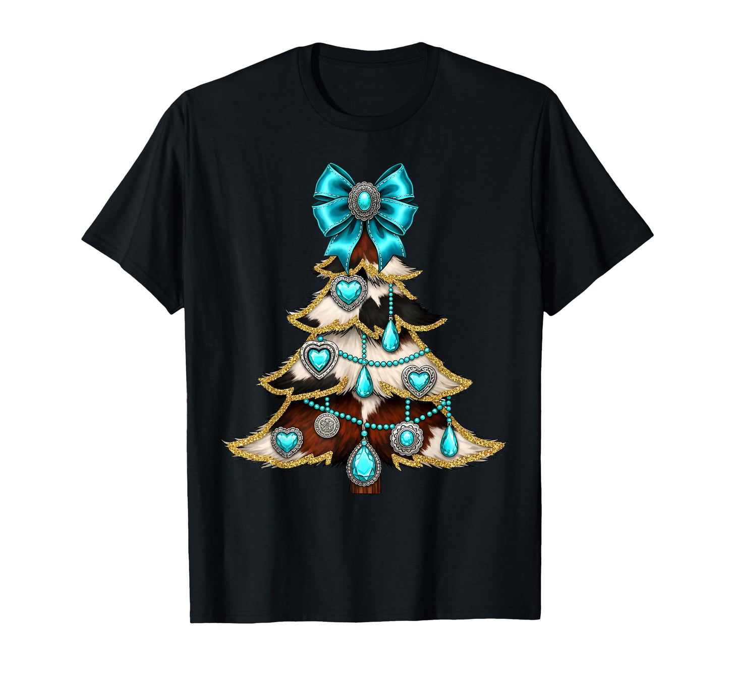 Western Xmas Tree Turquoise Cowhide Cowgirl Farmer Holiday T-Shirt