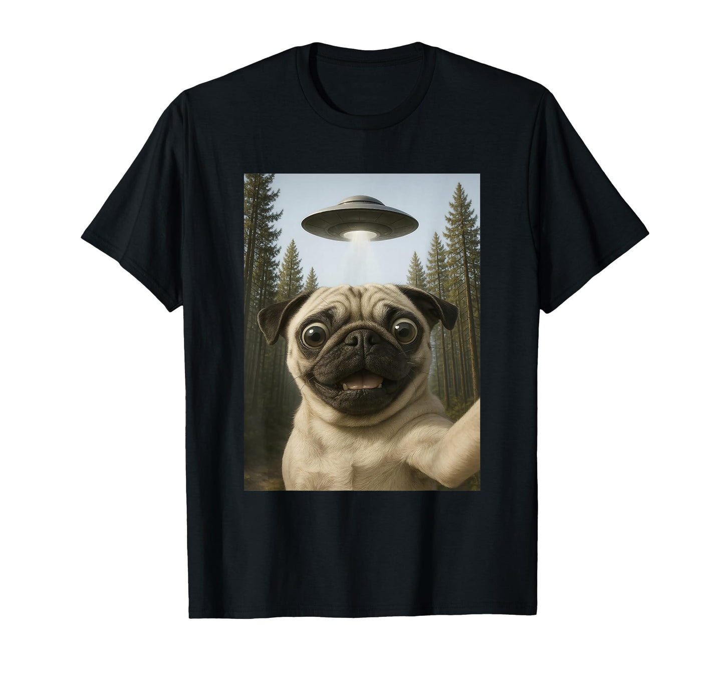 Funny Pug Selfie with UFO Alien Dog Humor for Pug Lover T-Shirt