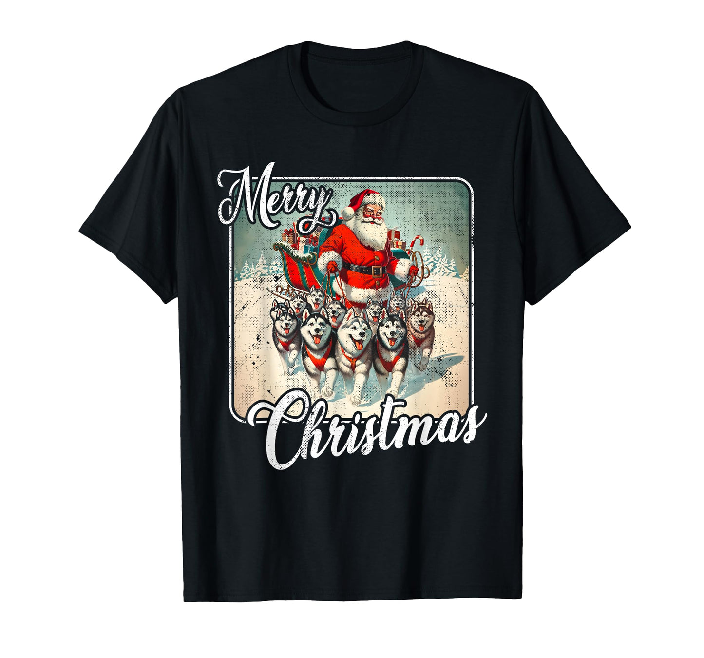 Vintage Husky Family Christmas Huskies Pulling Santa Sleigh T-Shirt