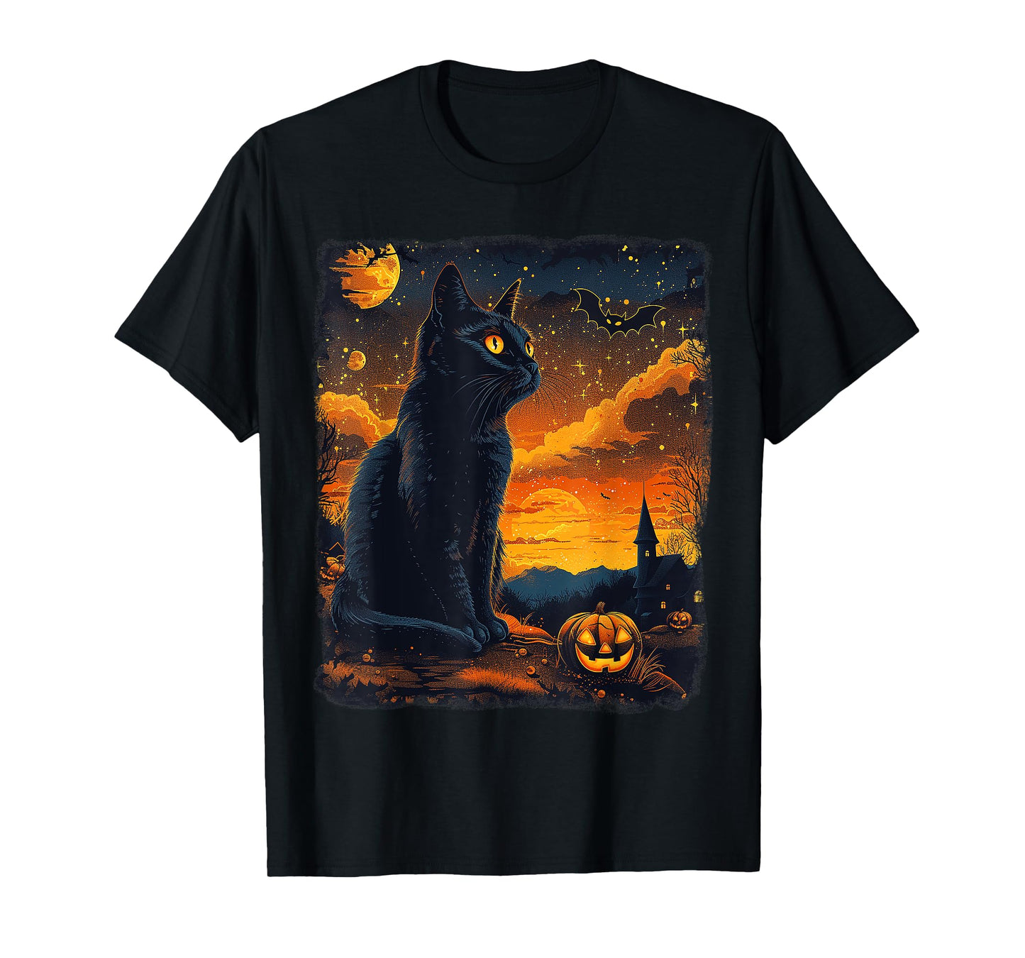 Black Cat Starry Night Van Gogh Pumpkins Bats Halloween Crew T-Shirt
