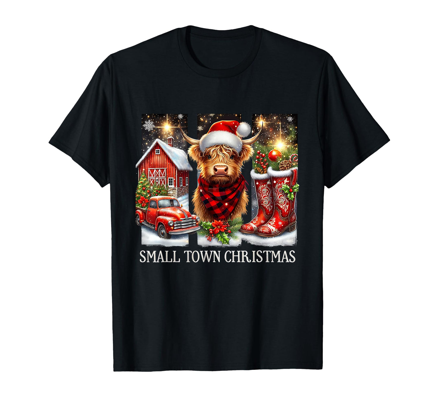 Small Town Christmas Highland Cow Western Art T-Shirt