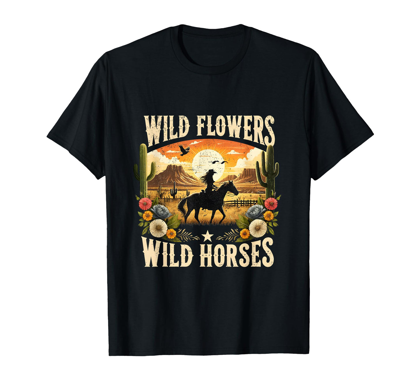 Wild Flowers Cowgirls Riding Horses Retro Western T-Shirt