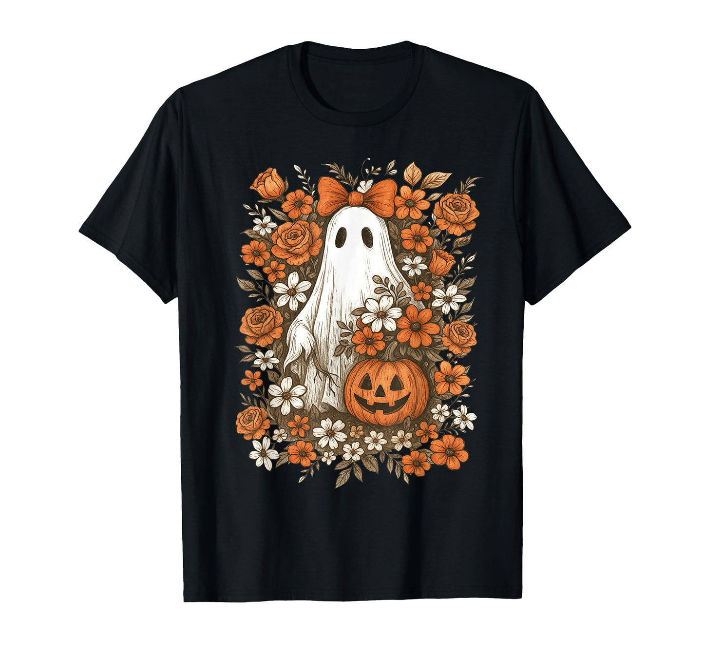Retro Floral Ghost Cute Pumpkin Autumn Halloween Women Kids T-Shirt