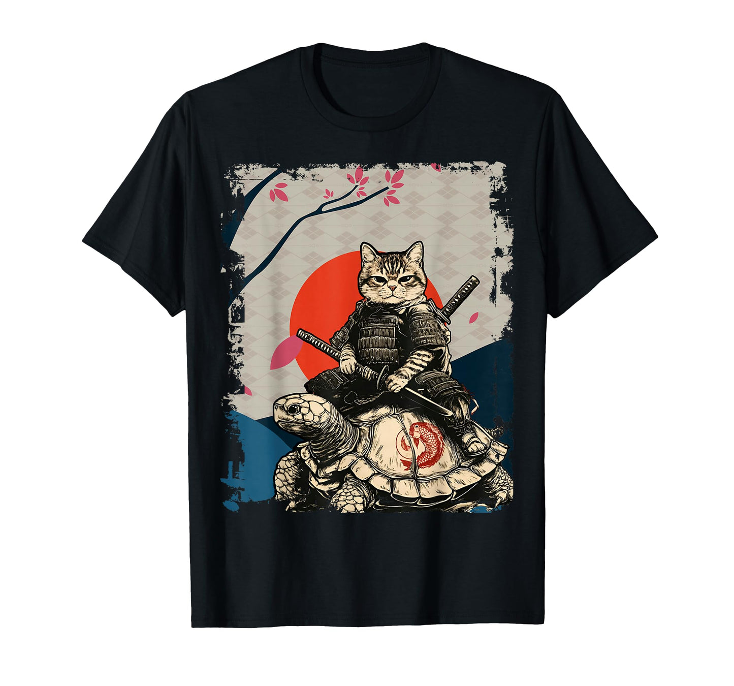 Japanese Ninja Art and Japan Samurai Cat on Turtle T-Shirt