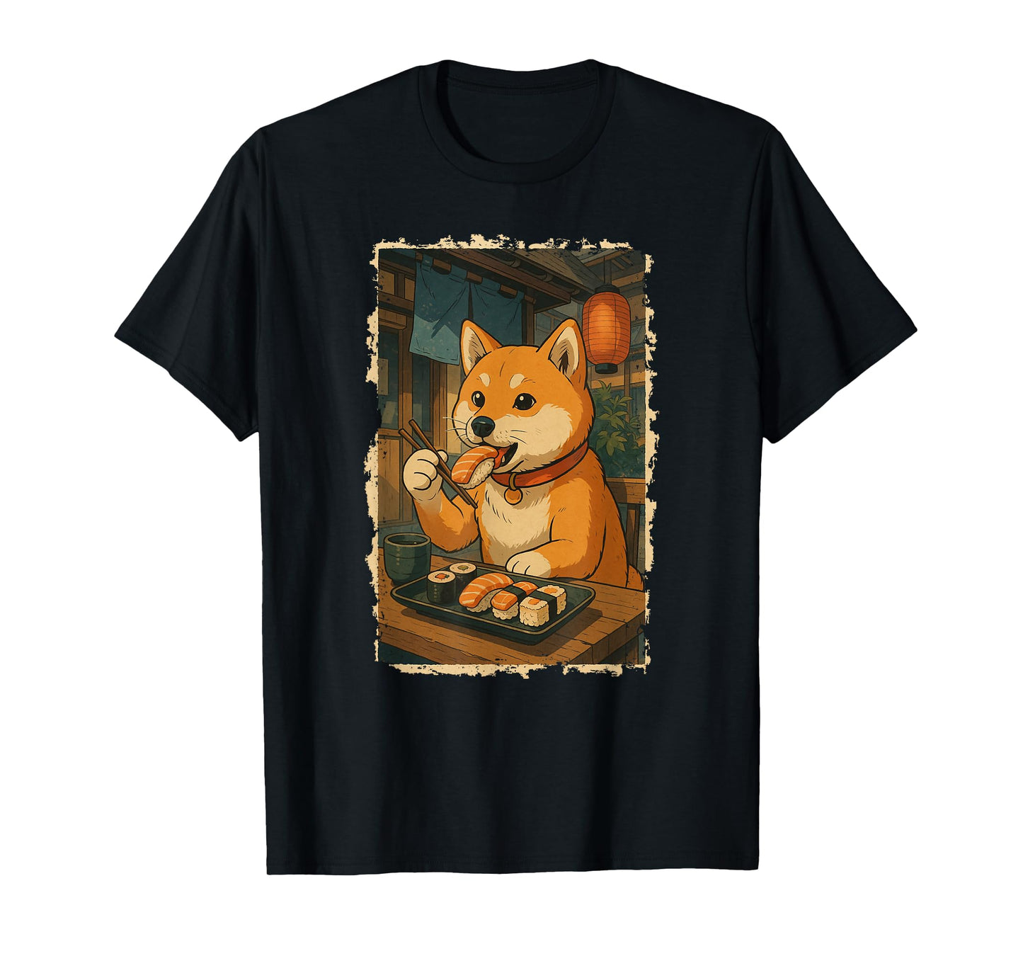 Dog Shiba Inu Eats Sushi Japanese Vintage T-Shirt