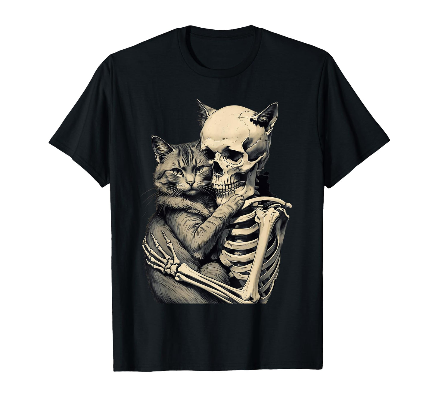 Skeleton Hugging Cat Lover Halloween Tee Funny Apparel T-Shirt