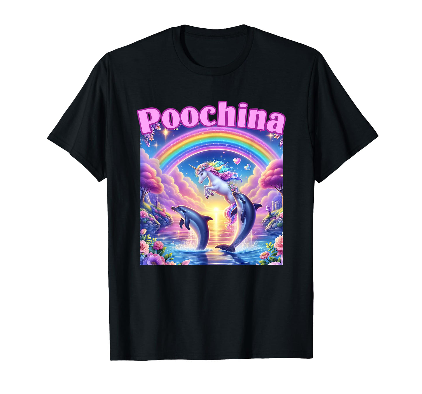 Poochina, Ironic Funny Meme, Women Trendy Dolphin T-Shirt