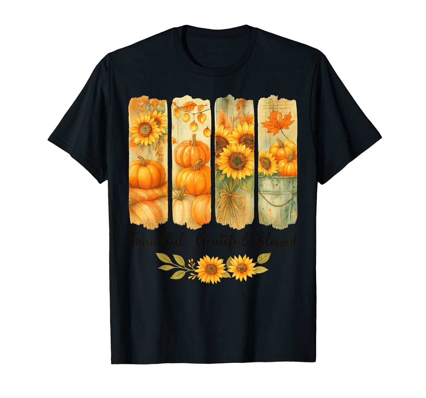 Thankful Grateful Blessed Pumpkin Flowers Funny Thanksgiving T-Shirt