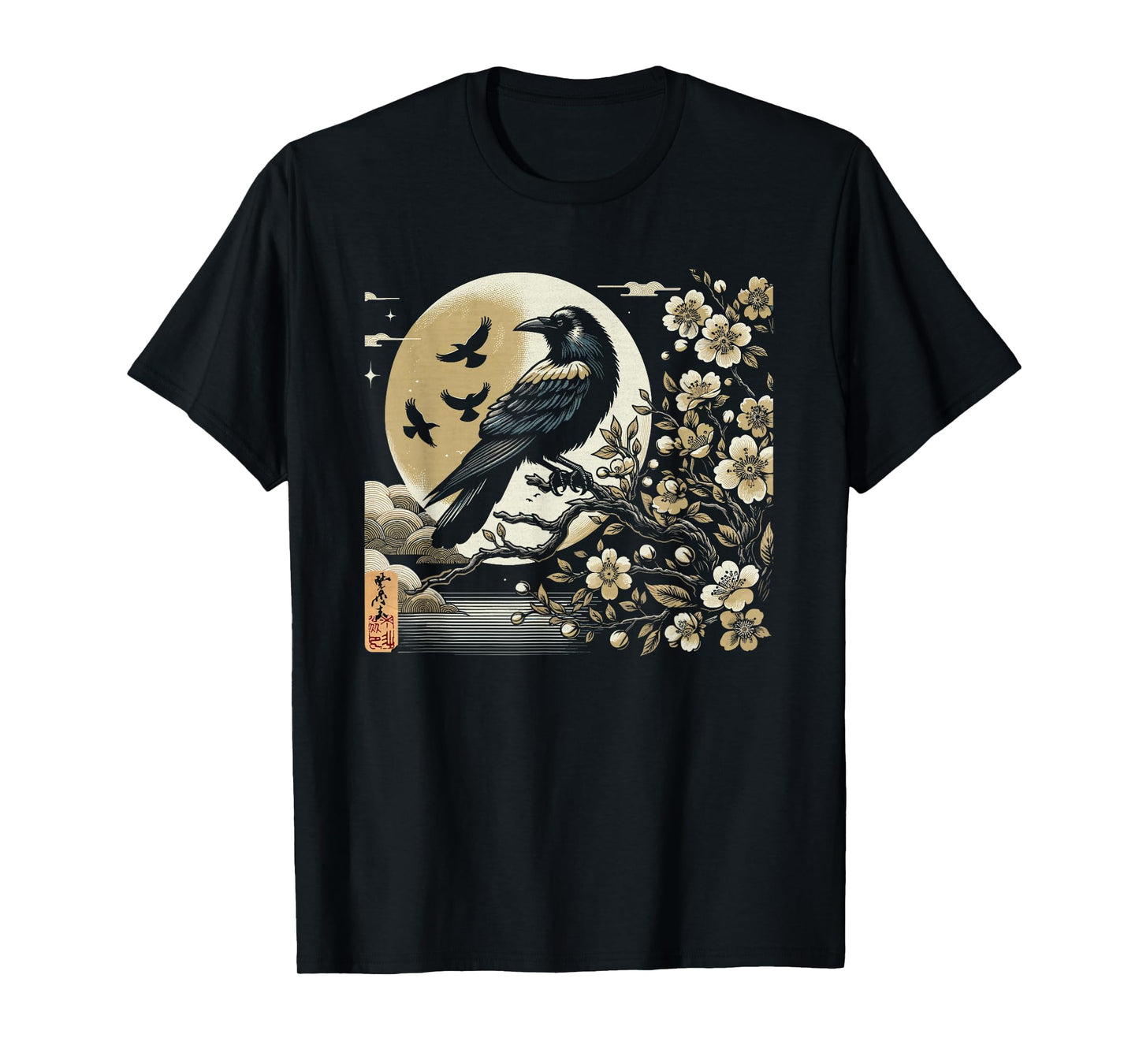 Graphic Japan Woodblock Art Crow Raven Vintage T-Shirt