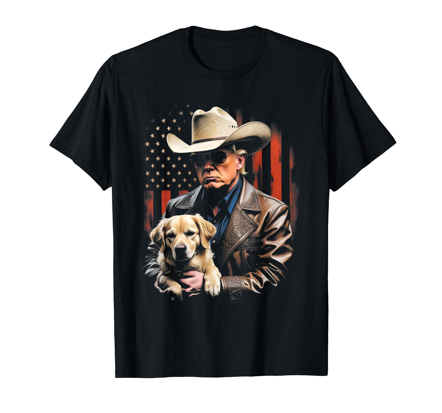 Trump and Golden Retriever Dog, American Flag Funny Cowboy T-Shirt