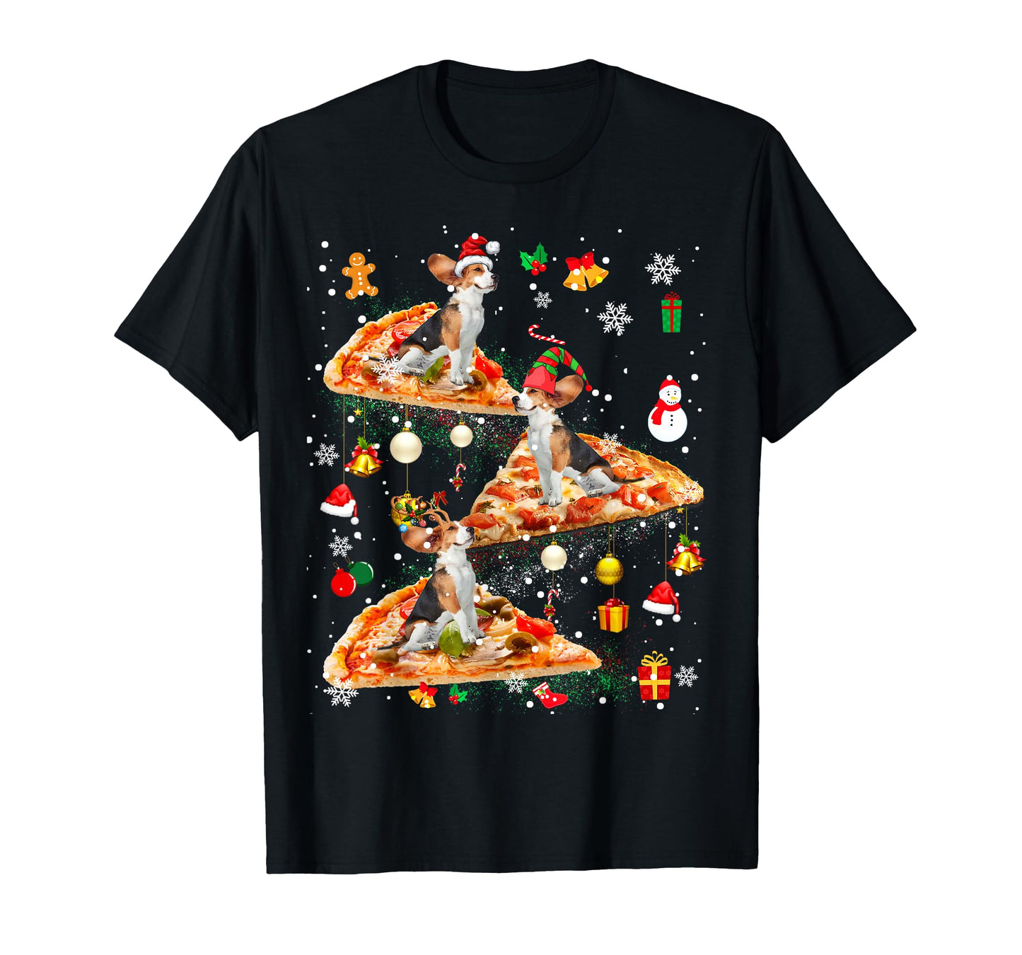 Santa Reindeer Elf Beagle Riding Pizza Galaxy Ornaments T-Shirt