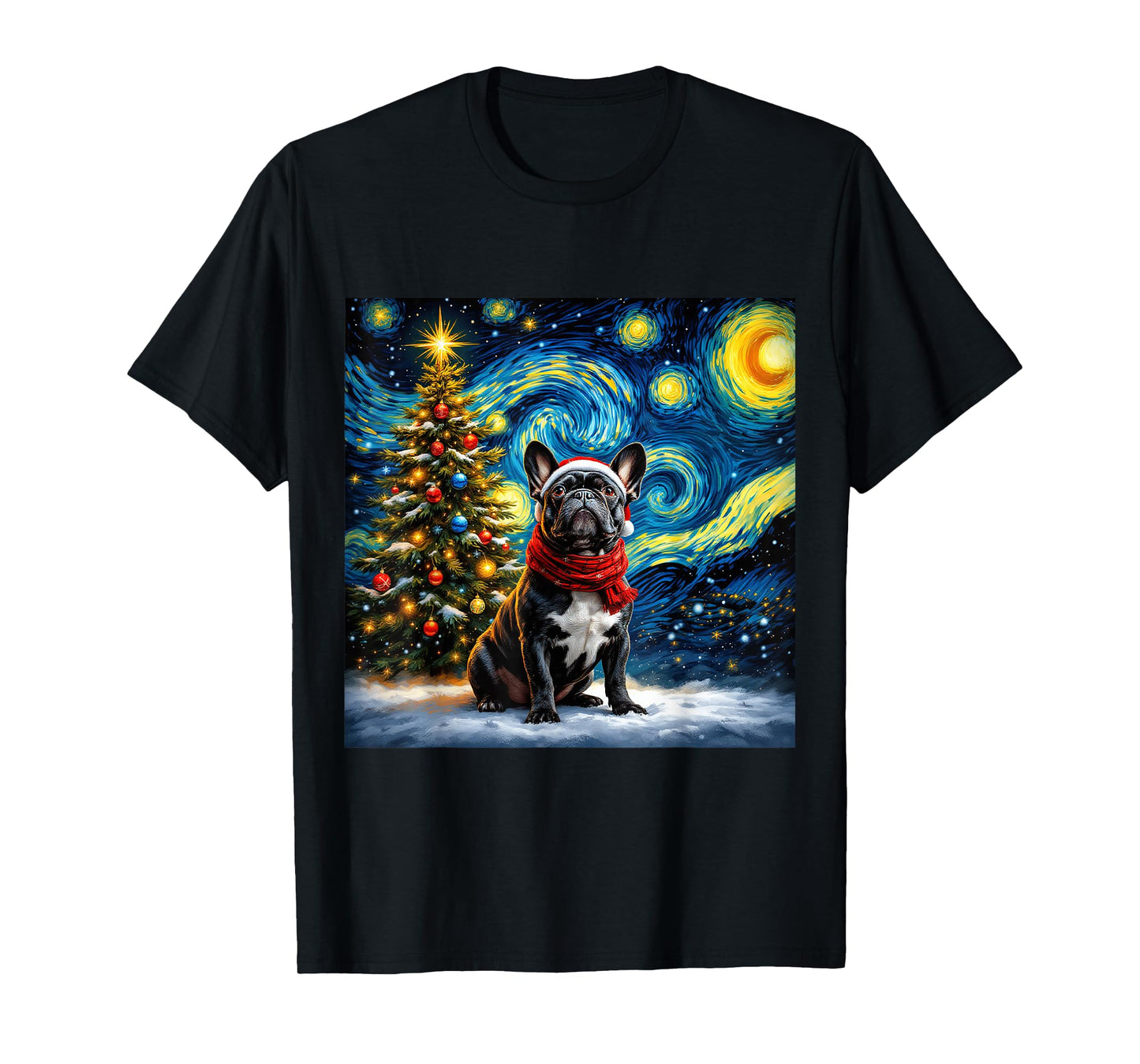 French Bulldog Starry Night Christmas Van Gogh Dog Santa Hat T-Shirt