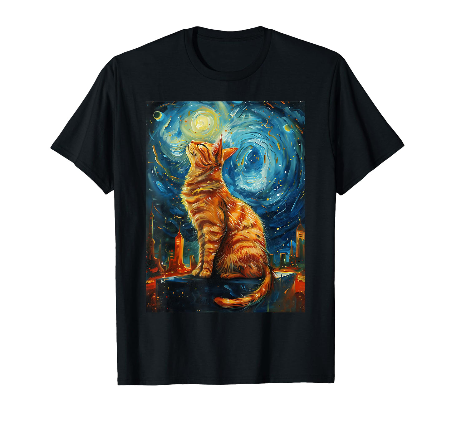 Cat in the Starry Night Van Gogh Style Cat Lover Cat Mom Dad T-Shirt