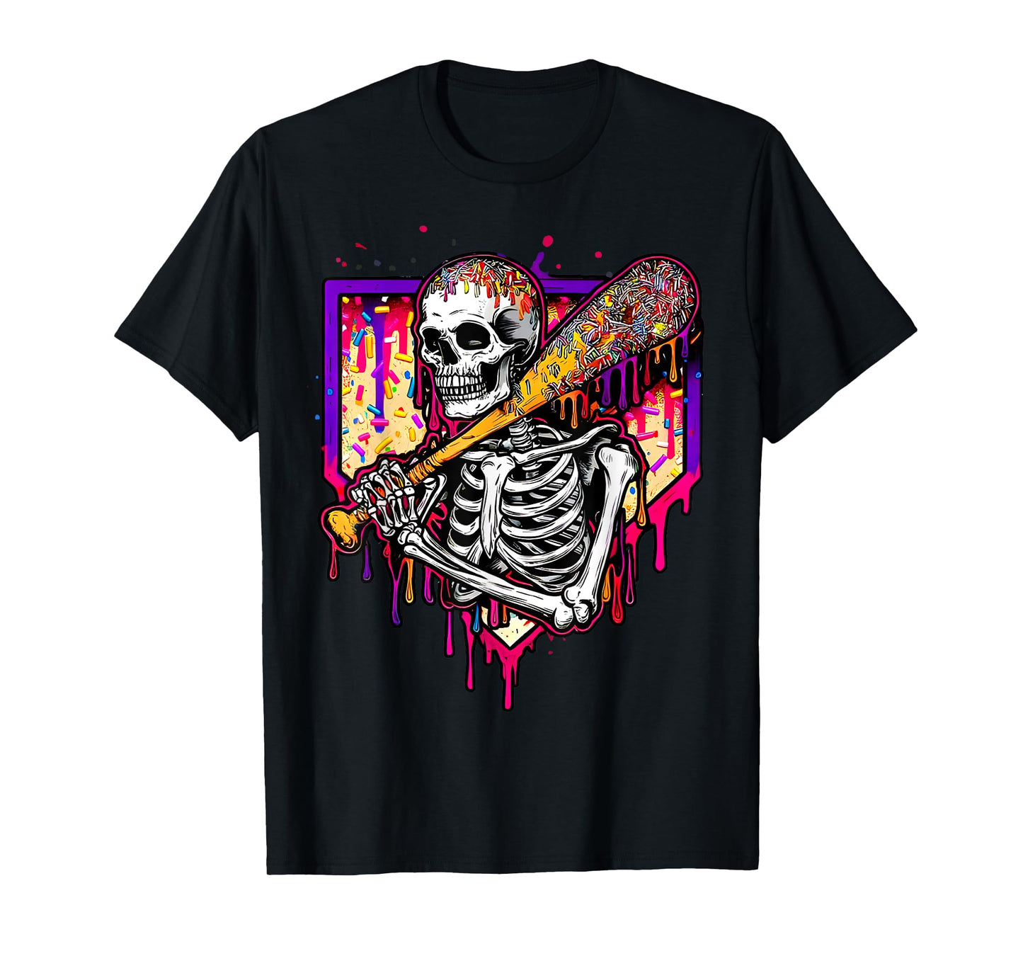 Spooky Baseball Skeleton Ice Cream Drip Home Plate Halloween T-Shirt