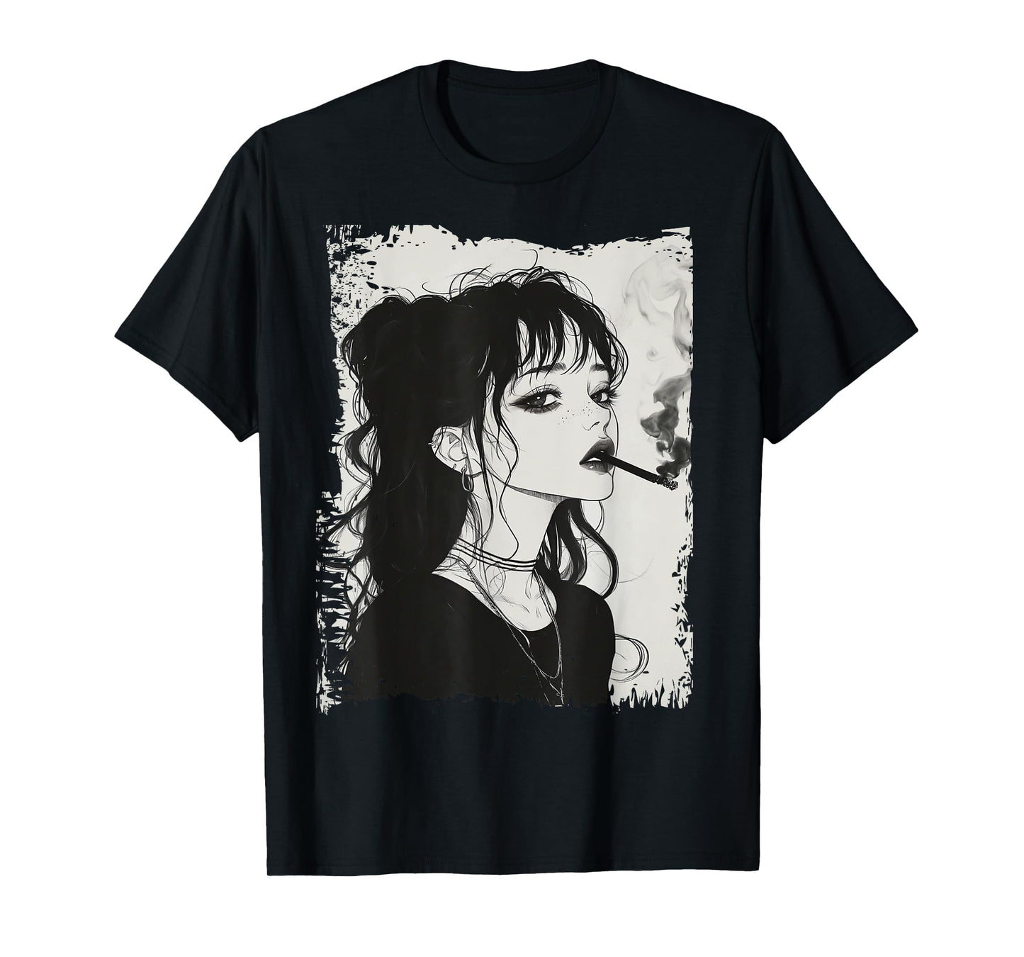 Rebel Anime Girl Smoking Gothic Ink T-Shirt
