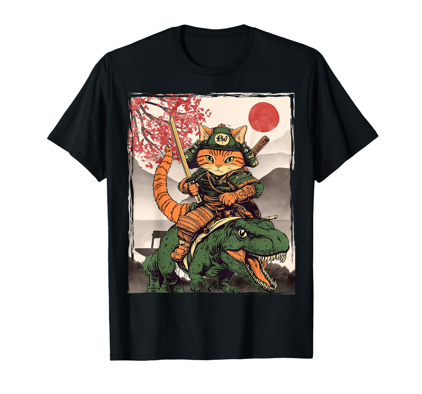 Japanese Ninja Art and Japan Samurai Cat with T-Rex T-Shirt