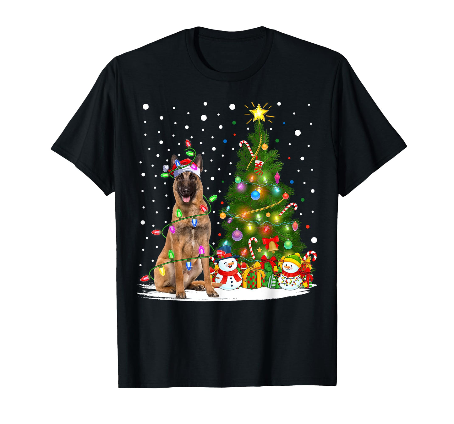 Lighting Xmas Tree Santa Belgian Malinois Dog Christmas Men Women Kids T-Shirt