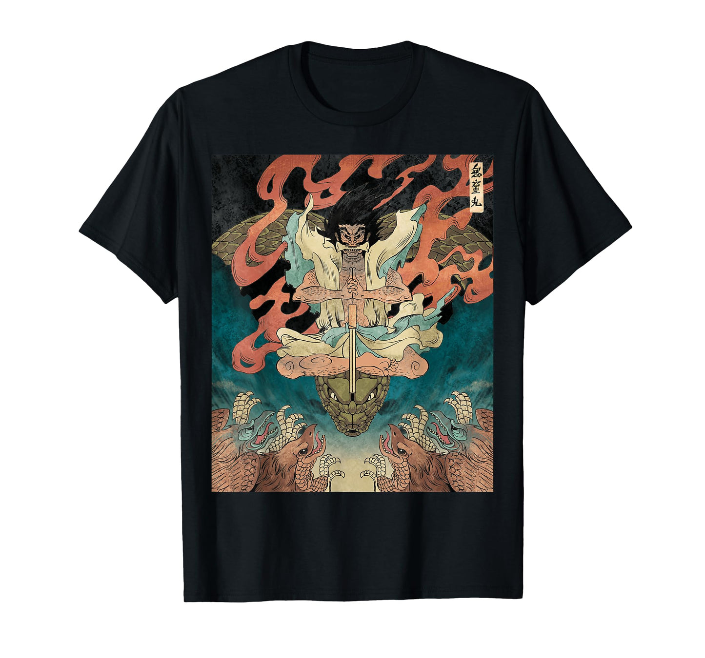Japanese Vintage Artwork Tengu Gods Defeat Evil Snake Fan T-Shirt