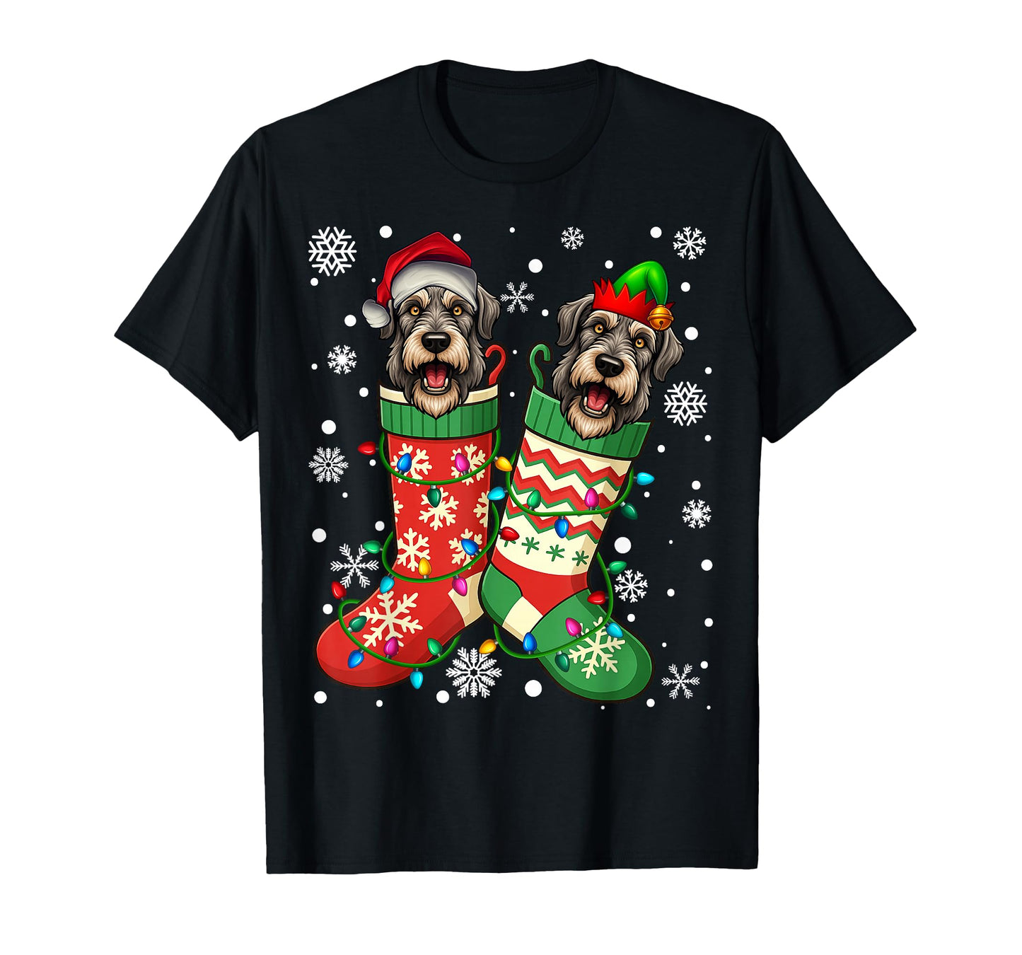 Santa ELF Irish Wolfhound Dog in Christmas Socks Men Women T-Shirt