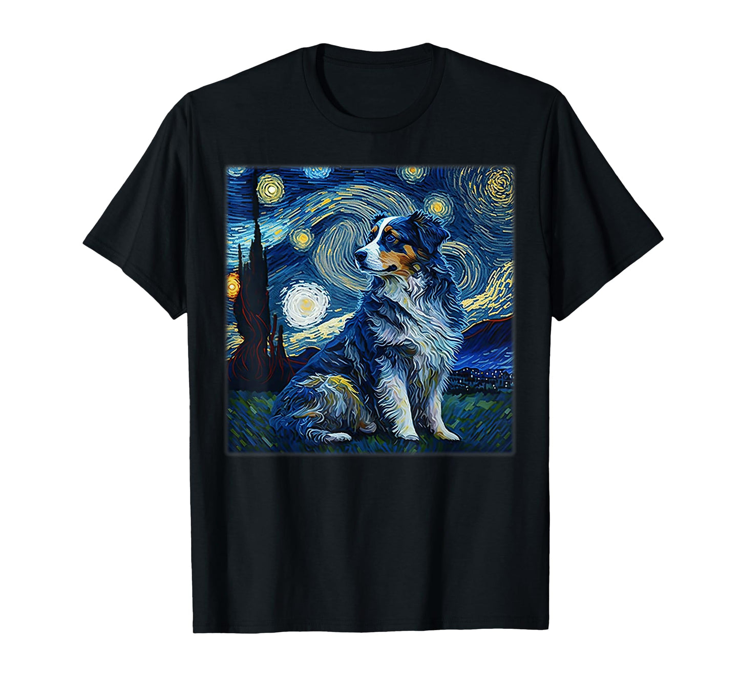 Surrealism Starry Night Australian Shepherd Dog T-Shirt